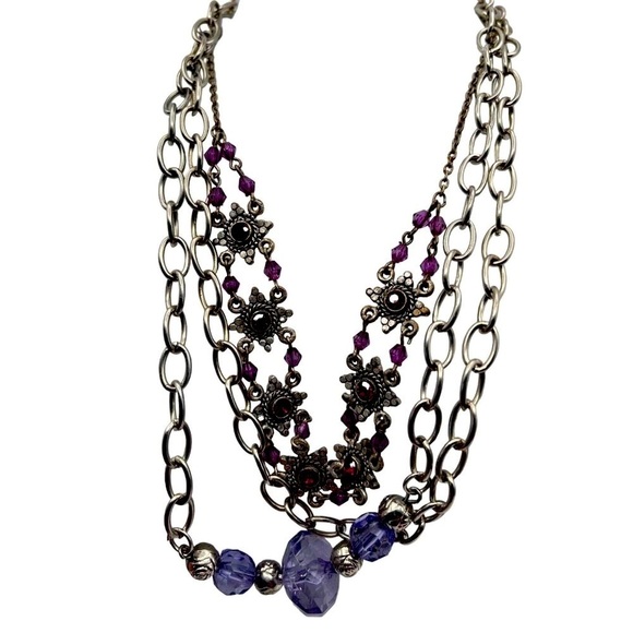 Vintage Layered Silver Chain & Purple Bead Necklace Bracelet Set N57 - Picture 4 of 9